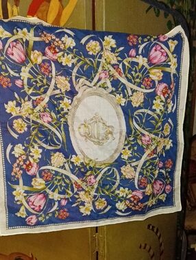 Vintage Blue Floral Christian Dior Square Scarf with Central Medallion